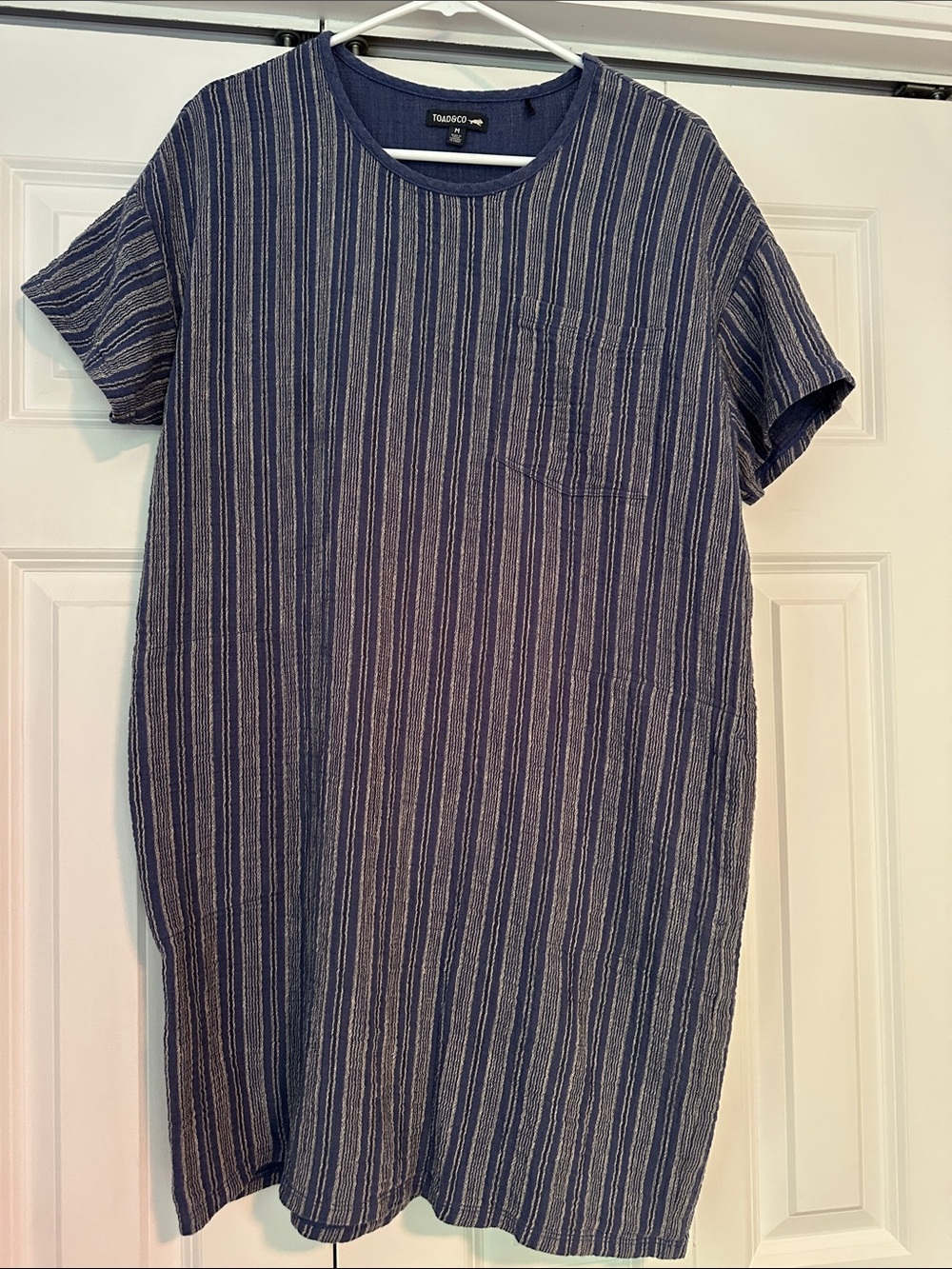 Toad&Co Blue Striped Organic Cotton Shift Dress Size Medium Casual Pocket Dress